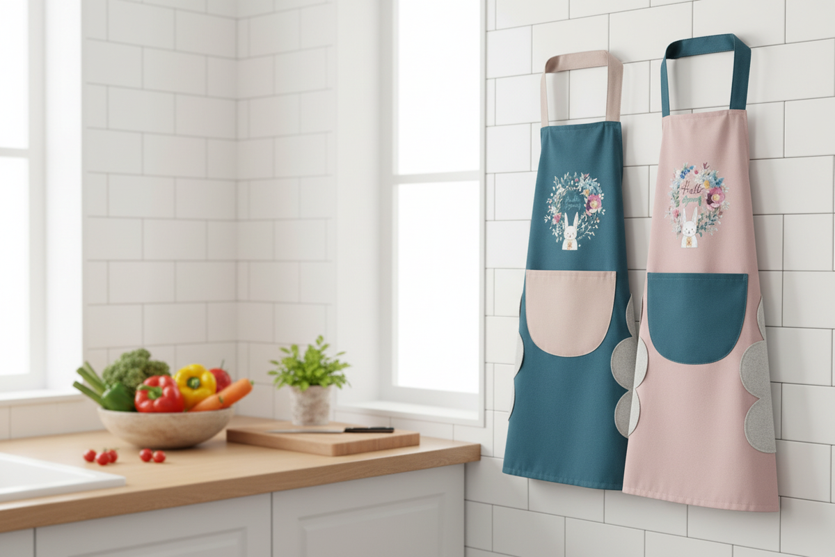 Cute rabbit kitchen apron set styled in a bright modern kitchen