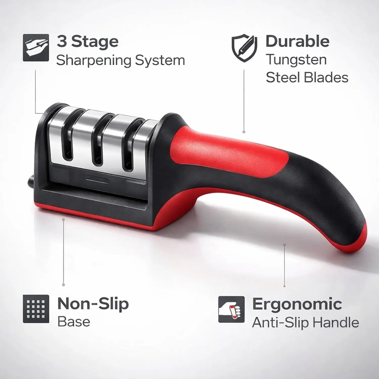Professional 3-Stage Knife Sharpener Tool for Kitchen | Manual Knife Sharpener with Ergonomic Handle & Non-Slip Base