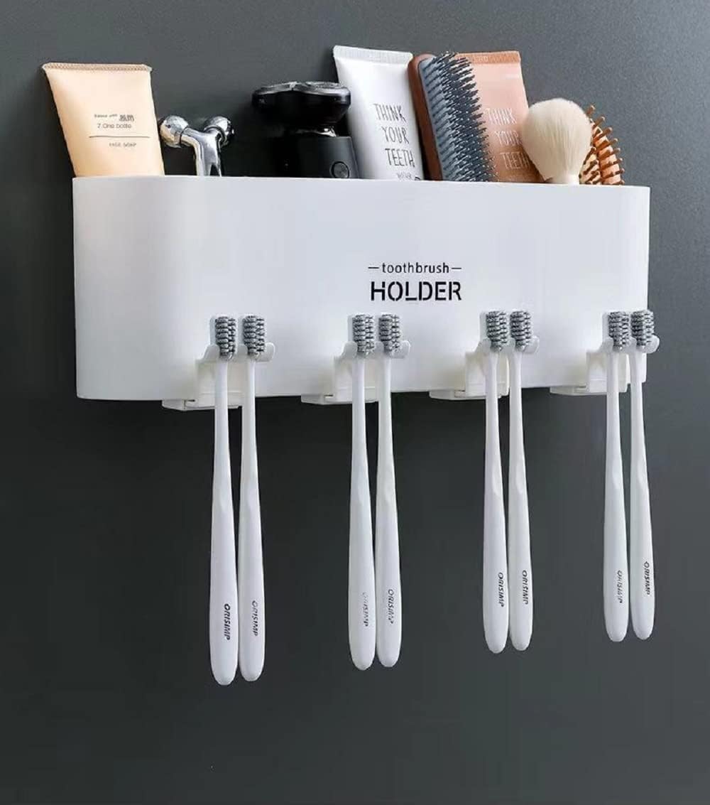 Wall Mounted Bathroom Shelf - 8 Brush Slots, Toothbrush Holder and Storage