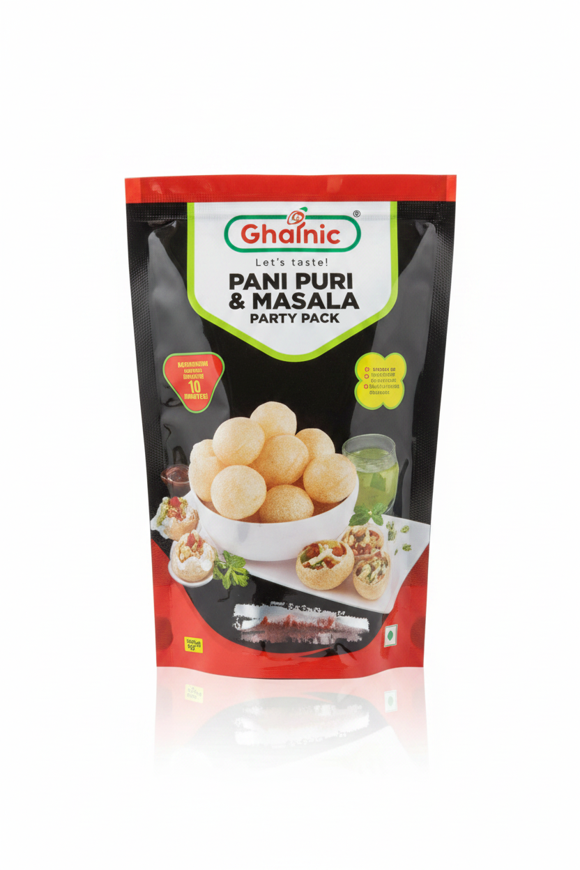 Gharnic Pani Puri & Masala Party Pack - front and back packaging