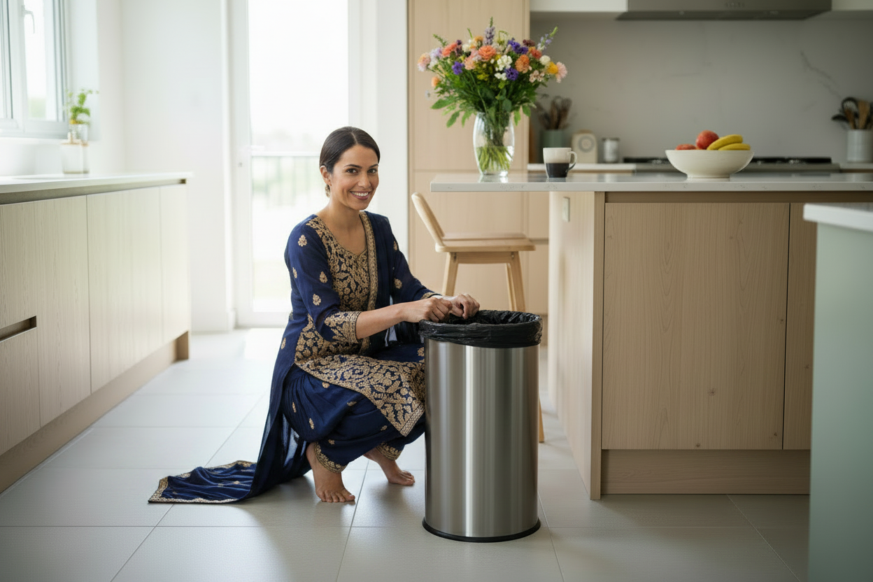 Fair-Skinned Indian Woman in Traditional Dress Using Garbage Bag