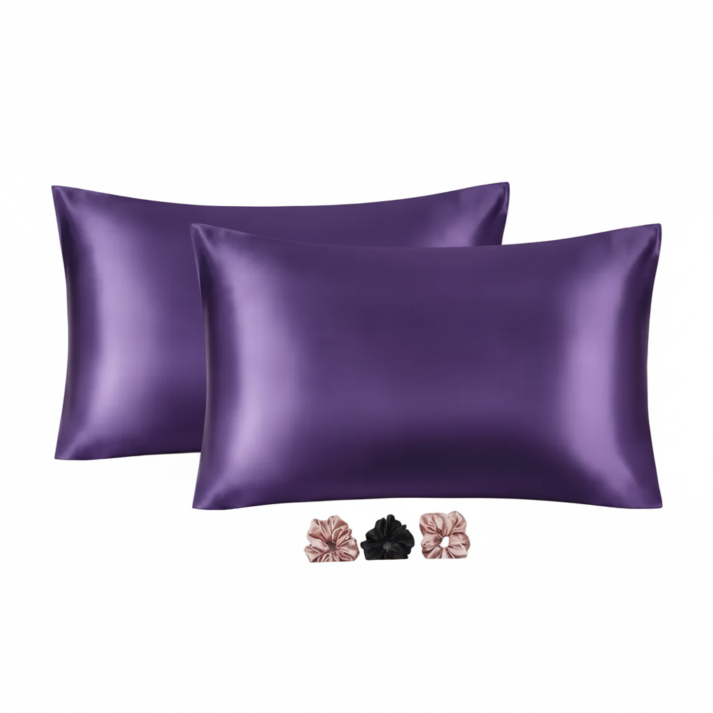 Satin Silk Pillow Cover 2 Piece with 3 Satin Scrunchies – Purple