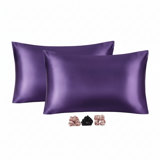 Satin Silk Pillow Cover 2 Piece with 3 Satin Scrunchies – Purple