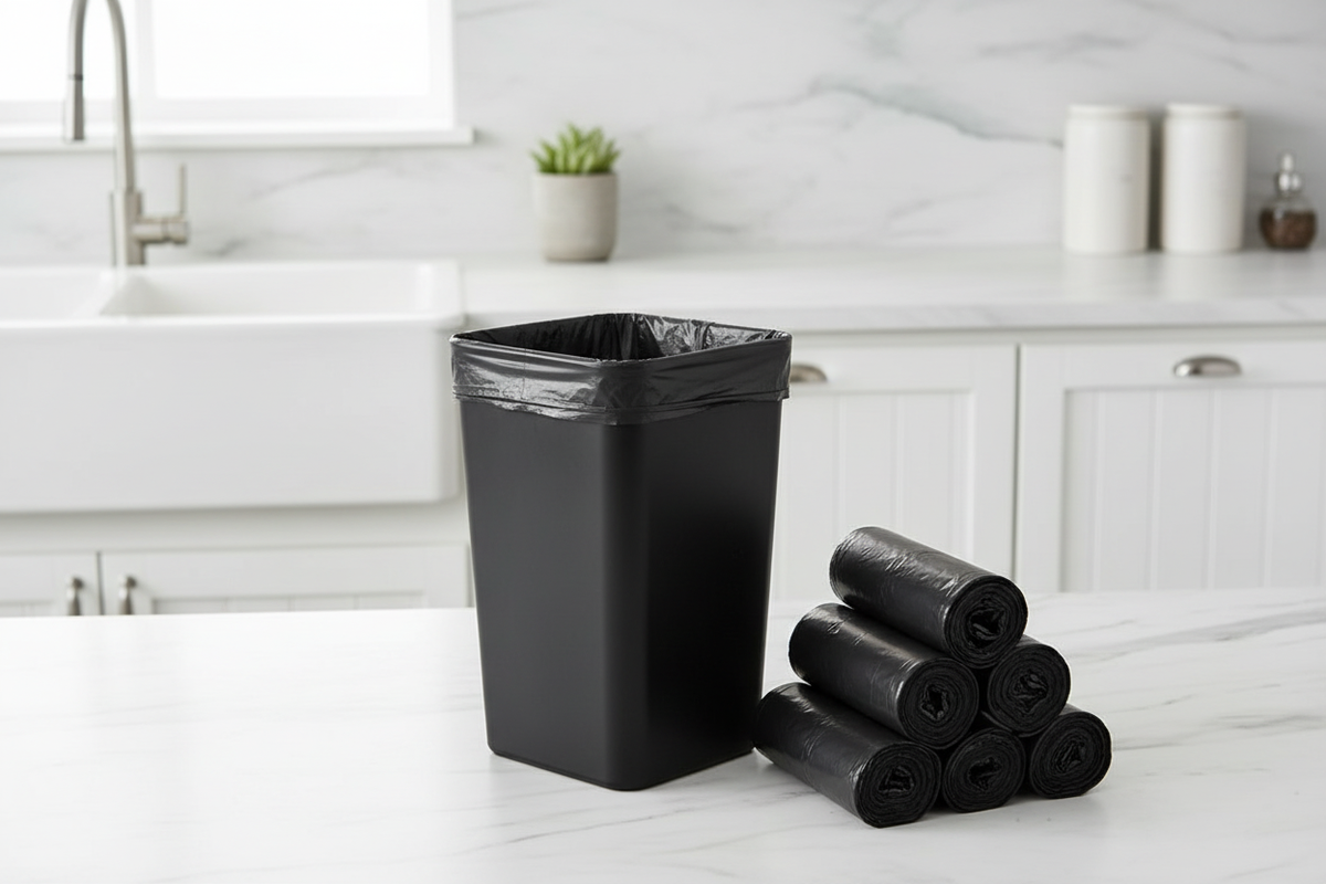Black garbage bag fitted in modern kitchen waste bin
