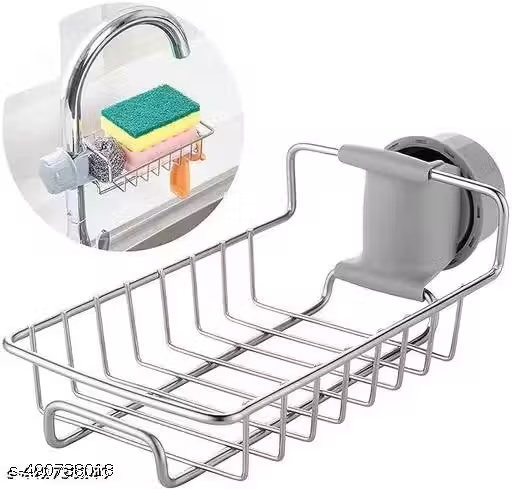 Sink faucet sponge holder with sponge and soap dispenser in use