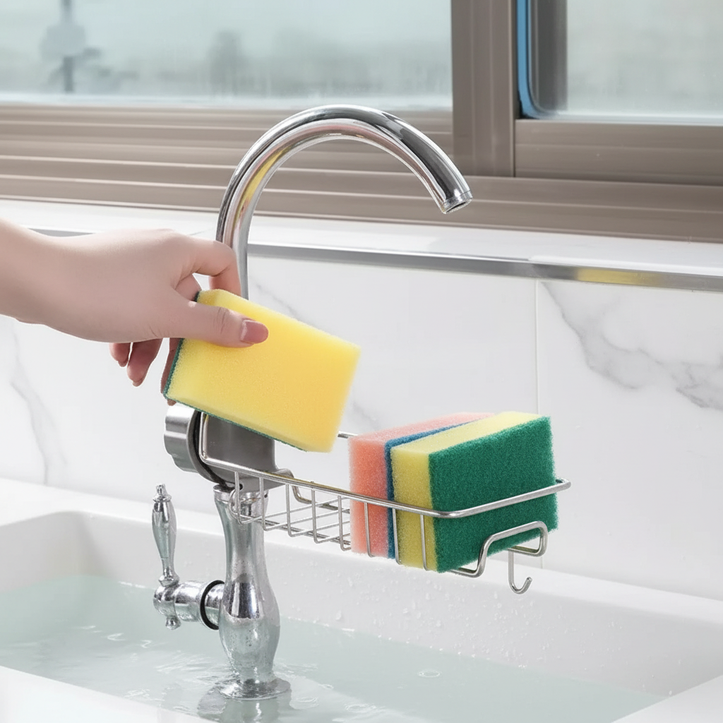 Drain breathable hygienic sponge holder with hook design on kitchen faucet