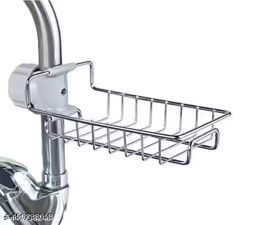 Stainless steel sponge holder caddy clipped onto kitchen faucet pipe