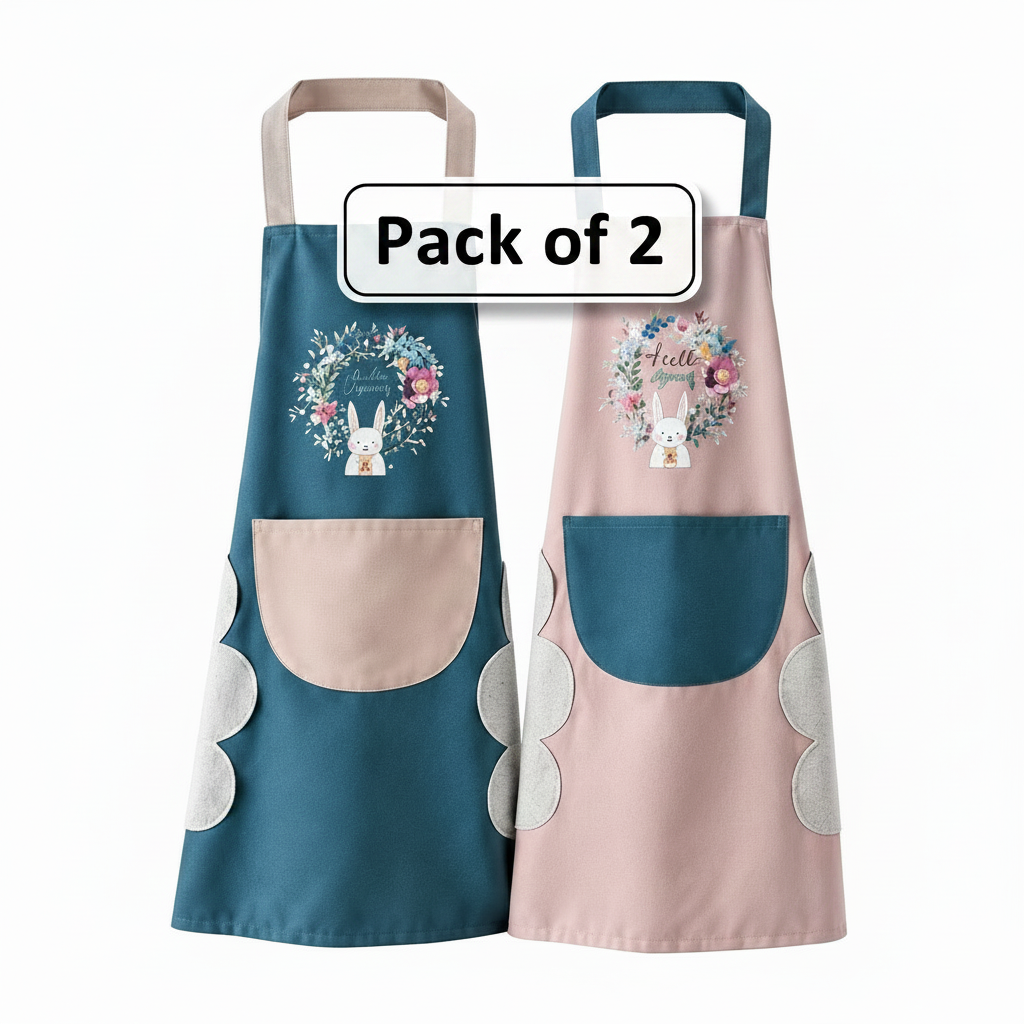 Cute Rabbit Kitchen Apron Set Pack of 2 - Teal and Pink