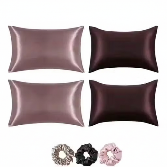 Silk Pillow Cover Pack of 4 with 3 Scrunchies - Mauve & Chocolate