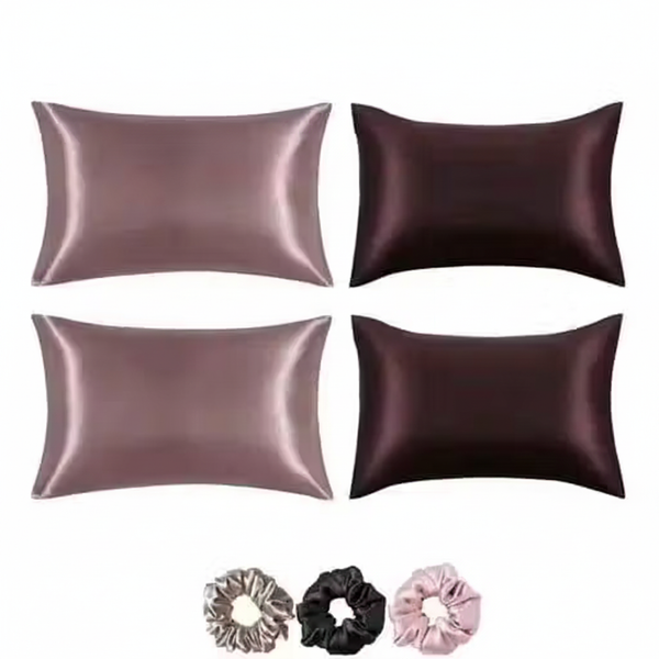 Silk Pillow Cover Pack of 4 with 3 Scrunchies - Mauve & Chocolate